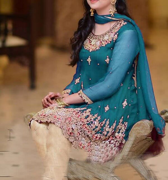 Chiffon Embroidered Dress With Jamawar